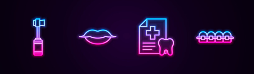 Set line Toothbrush, Smiling lips, Dental card and Teeth with braces. Glowing neon icon. Vector