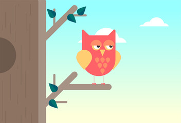 Flat vector cartoon owl with tree and sky