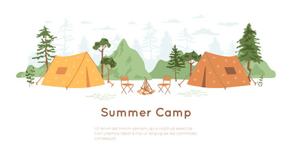 Summer camp concept. Tent with campfire and chairs in forest. Fir trees silhouette and hills on white background. Banner for eco tourism, nature traveling, camping, hiking.
