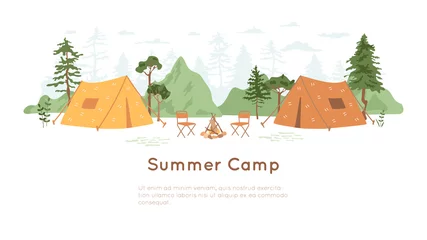 Foto op Plexiglas Summer camp concept. Tent with campfire and chairs in forest. Fir trees silhouette and hills on white background. Banner for eco tourism, nature traveling, camping, hiking. © Marina
