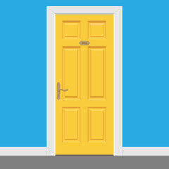 Yellow closed door with frame inside hotel room.