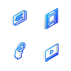Set Isometric line Play Video, 4k Ultra HD, Head with camera and Online play video icon. Vector