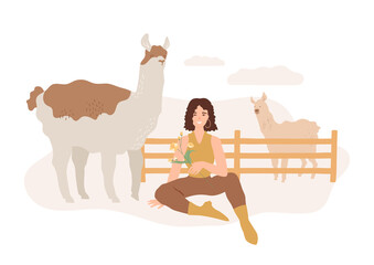 Cute alpacas on the farm. Beautiful happy woman with lamas in corral. Smiling female farmer sitting on the ground on ranch with flowers branch in her hand. Friendly animal.