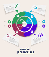 Business infographic template with four options circle pie chart arrow on pink background with blue, green, indigo and maroon color