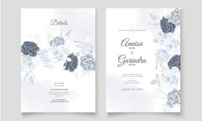 Fototapeta na wymiar Elegant wedding invitation card with navy blue beautiful floral and leaves template Premium Vector