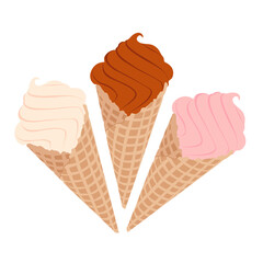Variety of ice cream in wafer cone chocolate, vanilla and strawberry.