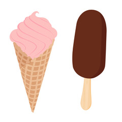 Collection of vector strawberry and chocolate ice cream illustrations isolated on white