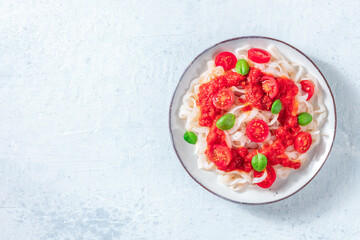Konjac pasta with tomatoe sauce, shot from the top