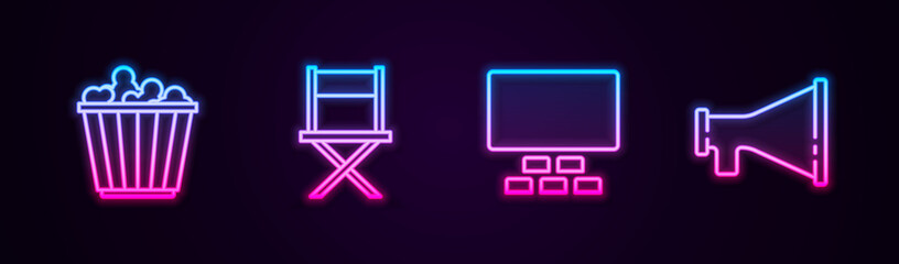 Set line Popcorn in box, Director movie chair, Cinema auditorium with seats and Megaphone. Glowing neon icon. Vector