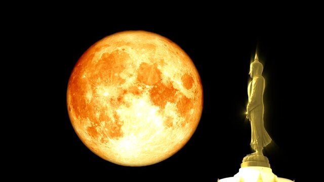 Super Full blood moon and Buddha looking seven day style on the night sky, Visakha Bucha Day, or Day of Vesak is held full moon day on May or June