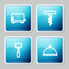 Set line Toaster, Wine corkscrew, Kitchen hammer and Covered with tray icon. Vector