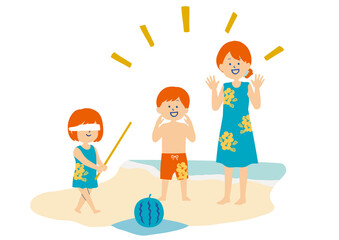 スイカ割りをする家族のイラスト