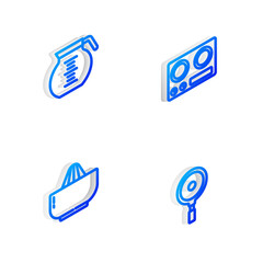 Set Isometric line Gas stove, Coffee pot, Citrus fruit juicer and Frying pan icon. Vector
