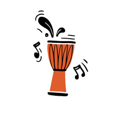 Creative vector illustration of traditional percussion instrument called djembe drum with black abstract notes hand drawn in minimalist flat style playing authentic music during concert