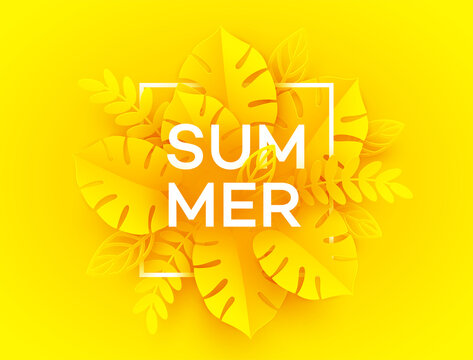 Bright yellow summer background. The inscription Summer surrounded by paper cut tropical palm leaves on a yellow background. Vector illustration