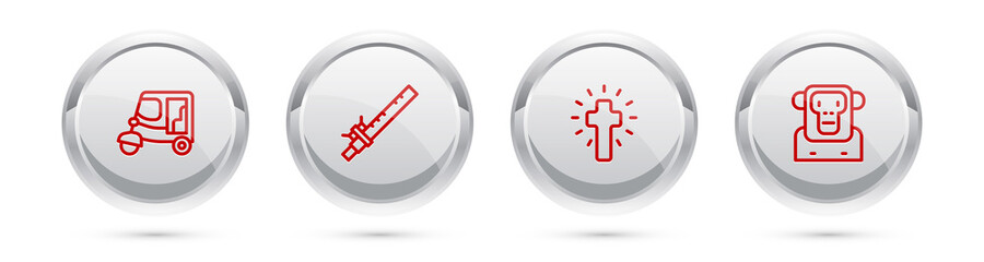 Set line Taxi tuk tuk, Bamboo flute indian, Christian cross and Monkey. Silver circle button. Vector © vector_v