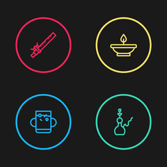 Set line Cup of tea and leaf, Hookah, Aroma lamp and Bamboo flute indian icon. Vector