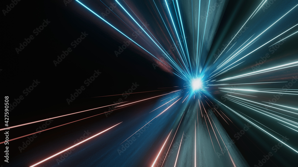 Poster 3d rendering of abstract fast moving stripe lines with glowing light flare. high speed motion blur. 