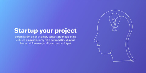 Light bulb in a human head in one line drawing style. Business project Start Up concept. Editable stroke. Vector illustration