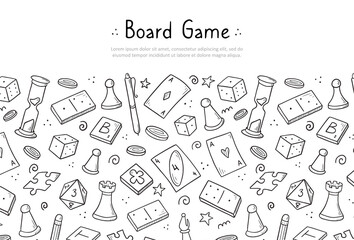 Hand drawn website banner template with of board game element. Doodle sketch style. Vector illustration for board game shop, store background, game competition banner, frame