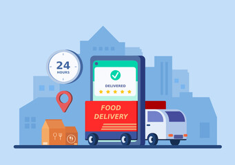 Vector illustration of online  delivery service concept. 24 hours service. Food delivery concept