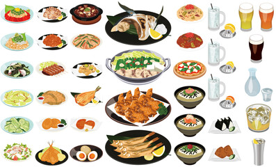 
居酒屋の人気メニューアイコン②（もつ鍋、手羽先、ぶりカマ、ビール、ハイボール、レモンサワー）