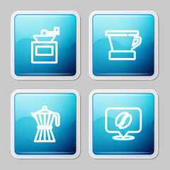Set line Manual coffee grinder, V60 maker, Coffee moca pot and Location with bean icon. Vector