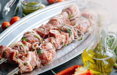marinated meat for barbecue. Meat skewered and ready to grill