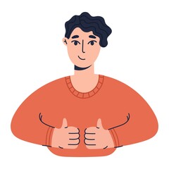 Happy boy showing positive gestures and emotions. Smiling man with thumbs up. Colored flat vector illustration isolated on white background