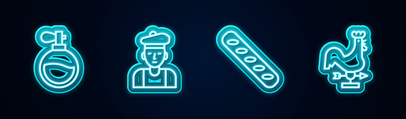 Set line Perfume, French man, baguette bread and Rooster weather vane. Glowing neon icon. Vector