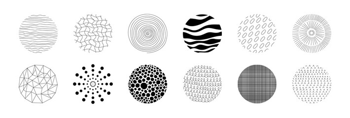 Hand drawn circle pattern. Circular geometric minimalistic texture, notebook cover memphis graphic shapes. Vector isolated set
