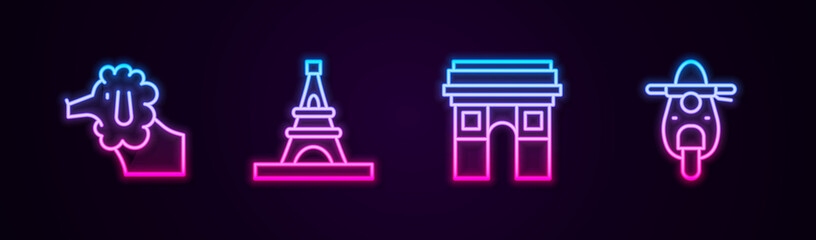 Set line Poodle dog, Eiffel tower, Triumphal Arch and Scooter. Glowing neon icon. Vector