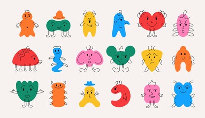 Fototapeta premium Doodle monsters. Hand drawn minimalistic funny mascots with cheerful face emotions, little monsters for kids illustrations. Vector isolated set