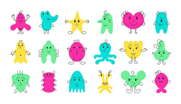 Cute monster faces. Funny and scary cartoon minimalistic monsters with cheerful face emotions. Vector isolated set