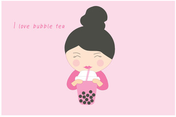 I love bubble tea concept, cute girl drinking bubble tea cup vector illustration