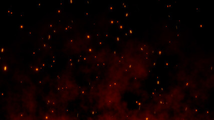 3D Burning embers glowing. Fire Glowing Particles on Black Background