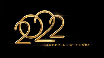 Realistic gold metal inscription 2022. Gold calligraphy New Year lettering on the black background. Design element for advertising poster, flyer, postcard. Vector illustration
