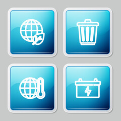 Set line Earth globe and leaf, Trash can, Global warming and Car battery icon. Vector