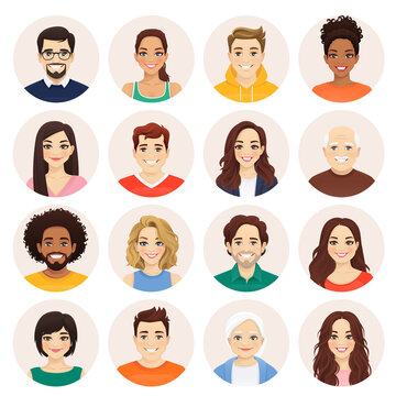 Smiling people avatar set. Different men and women characters collection. Isolated vector illustration.