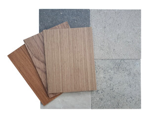 combination of stone tiles and wooden veneer samples isolated on white background with clipping path. interior mood and tone board containing wooden laminated and grey cement tile palette samples.
