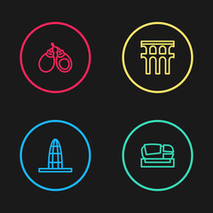 Set line Agbar tower, Stadium Mestalla, Aqueduct of Segovia and Castanets icon. Vector