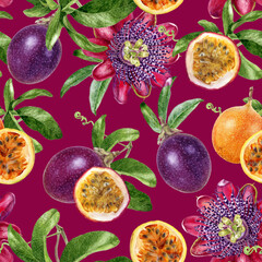 Watercolor seamless pattern passion fruit on a color background.