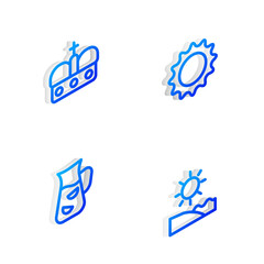 Set Isometric line Sun, Crown of spain, Sangria and Beach icon. Vector