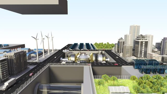 Smart city operated by eco-friendly energy. solar power, wind power, smart agriculture concept, 4k animation. Front view.