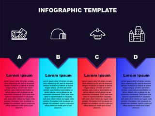 Set line Royal Ontario museum, Igloo ice house, Christmas sweater and Chateau Frontenac hotel. Business infographic template. Vector