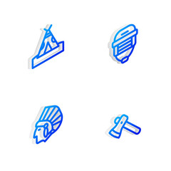 Set Isometric line Hockey helmet, Indian teepee or wigwam, Native American and Wooden axe icon. Vector