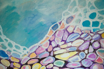 Abstract acrylic painting. Stylish colorful background. Sea foam and precious stones.