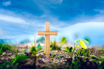 Christian wooden cross, Jesus Christ, Easter, resurrection concept. Religion concept.