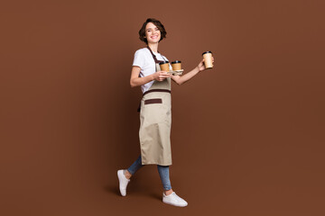 Full length body size view of attractive cheerful girl bringing coffee serving isolated over brown...