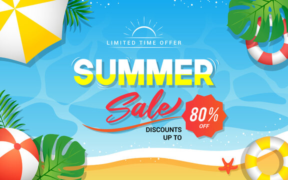 Summer sale banner vector illustration. Summer beach background with swim rings and sun umbrella